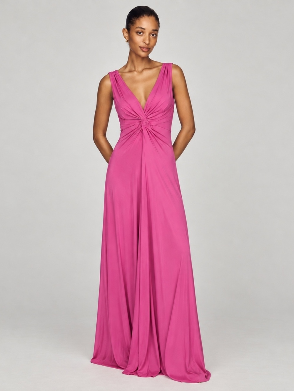 Cinq à Sept Pink Plunge Twist Front Ruched Maxi Dress Size 6 NWT